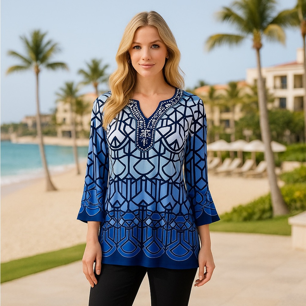JM Collection Blue Geometric Beaded Tunic Top – Size L